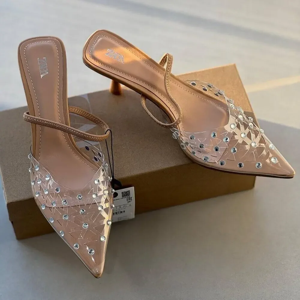 ZARA Beige Vinyl Rhinestone Heels NWT | Size 8 | Blogger Fave - Picture 6 of 16